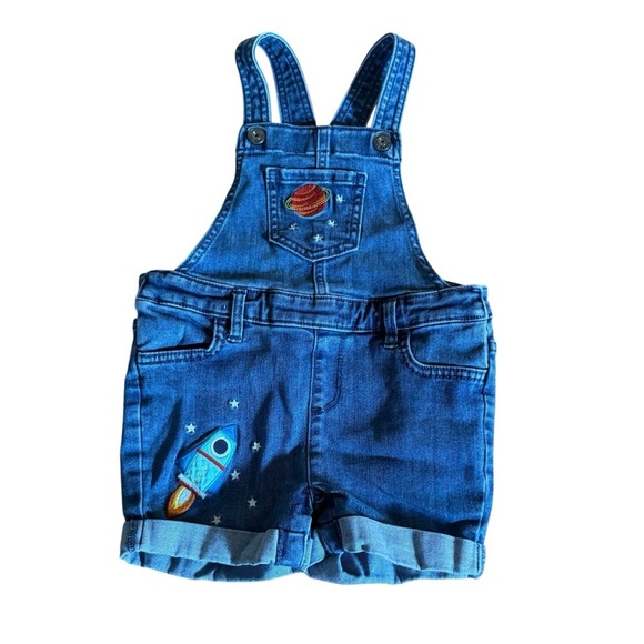 Gymboree Blue Denim Jean Shortall Overall Embroidered Space Rocket Planet 3T - Picture 1 of 5